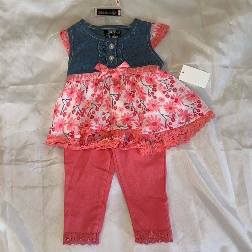 DDG Darlings Baby Girls 2pc Floral Denim Chiffon Top and Leggings Set 3-6M